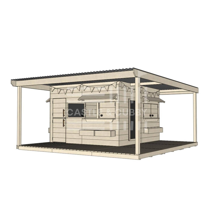 Raw wooden cubby house with wraparound porch for residential and family homes large square size with accessories