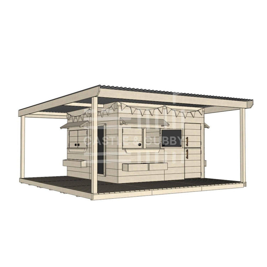 Pine timber cubby house with wraparound verandah and deck for family gardens large square size with accessories