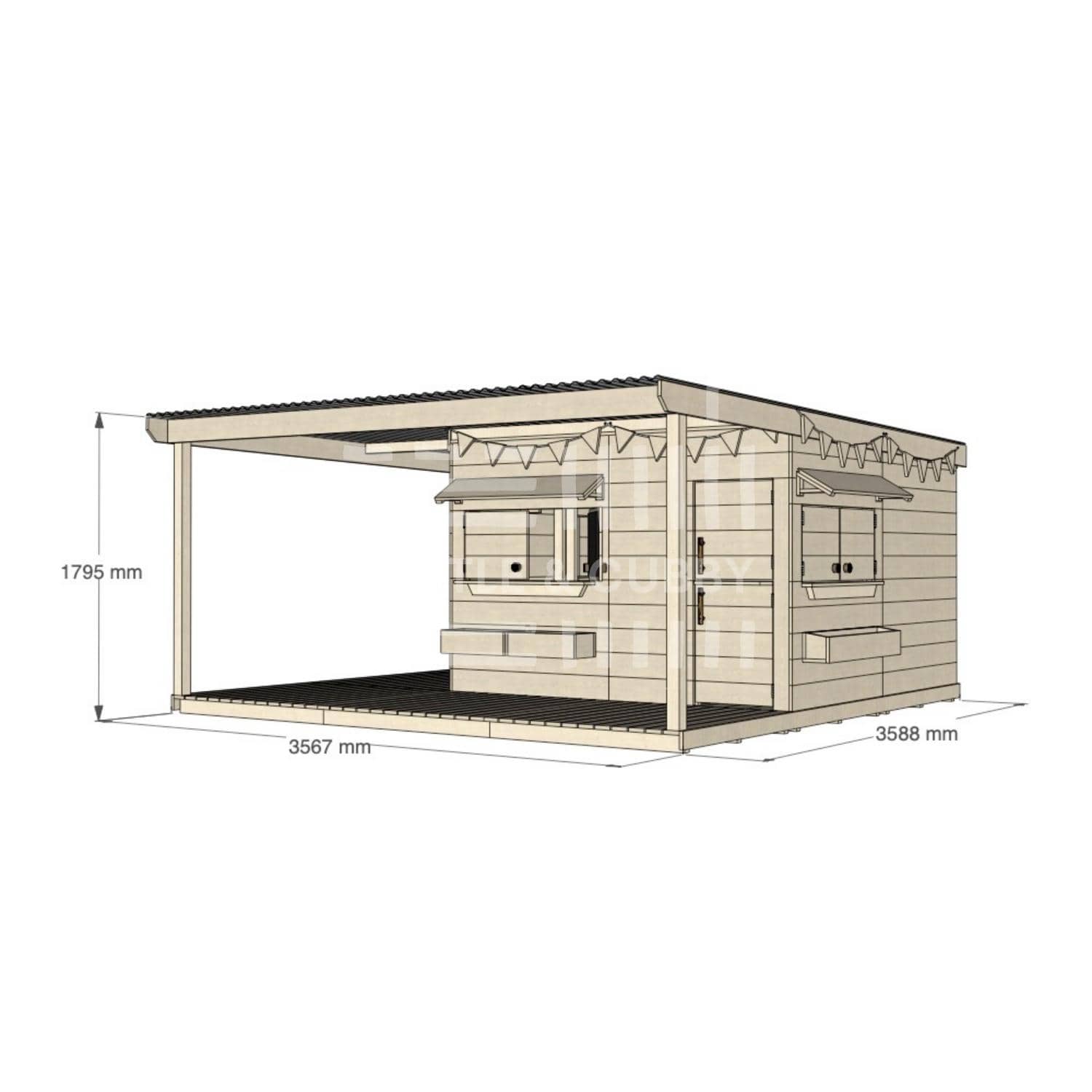 Raw pine cubby house with wraparound verandah for residential backyards large square size with dimensions