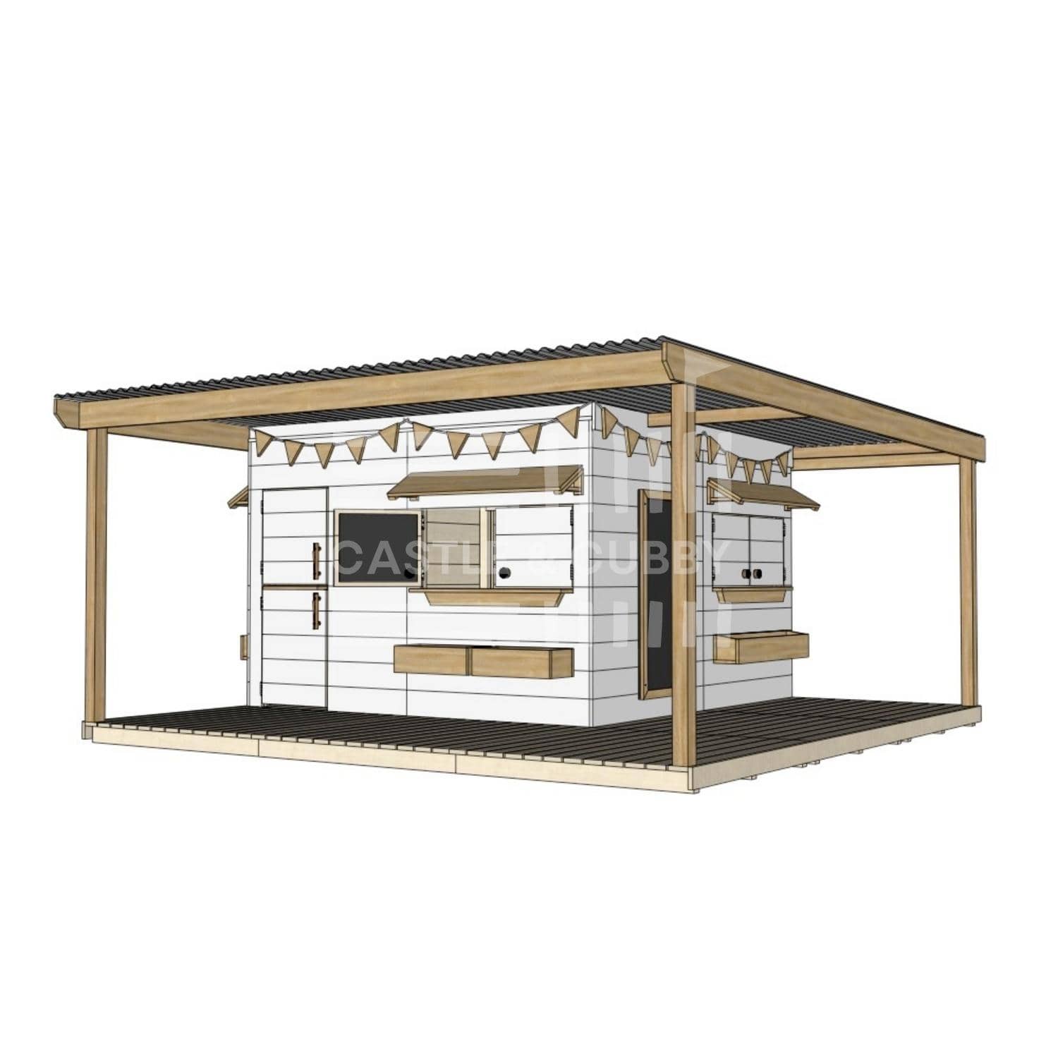 Painted wooden cubby house with wraparound porch for residential and family homes large square size with accessories