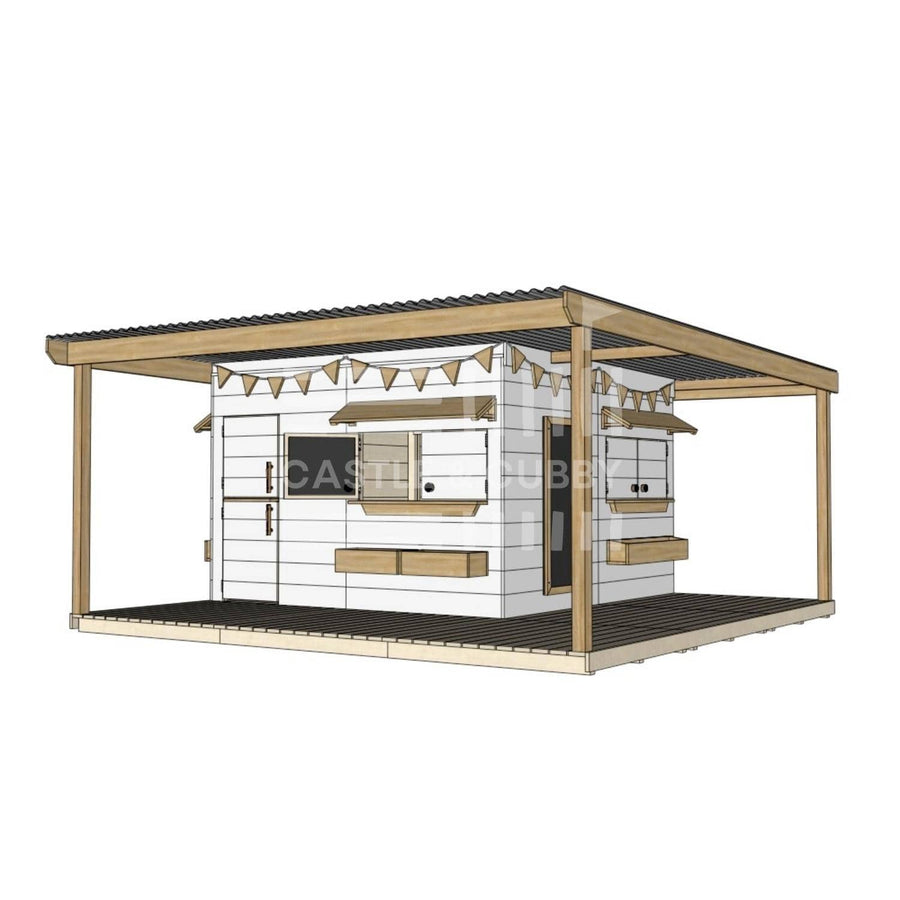 Painted wooden cubby house with wraparound porch for residential and family homes large square size with accessories