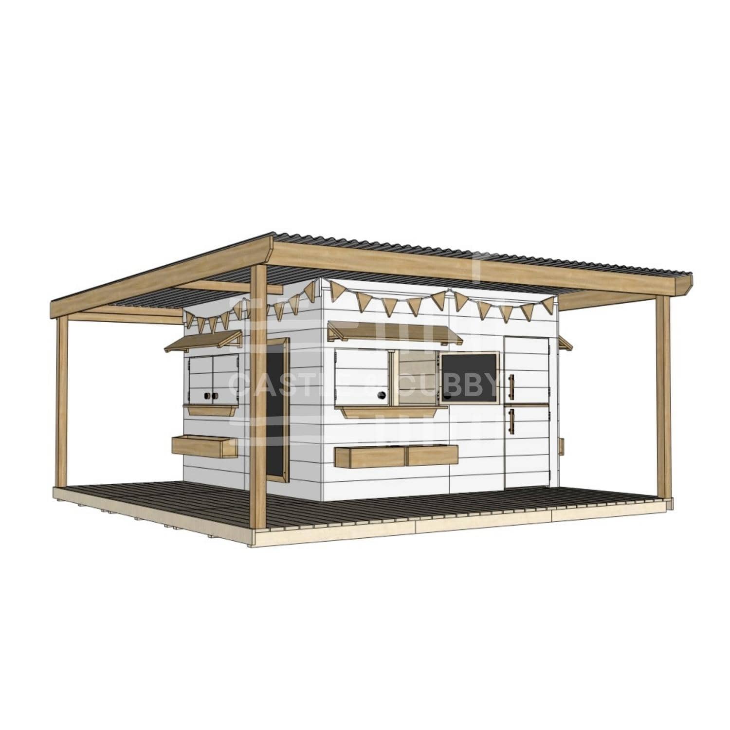Painted timber cubby house with wraparound verandah and deck for family gardens large square size with accessories