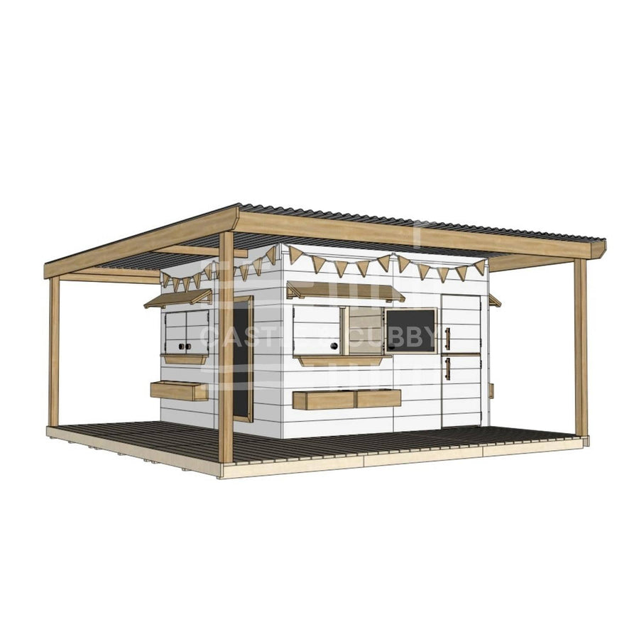 Painted timber cubby house with wraparound verandah and deck for family gardens large square size with accessories