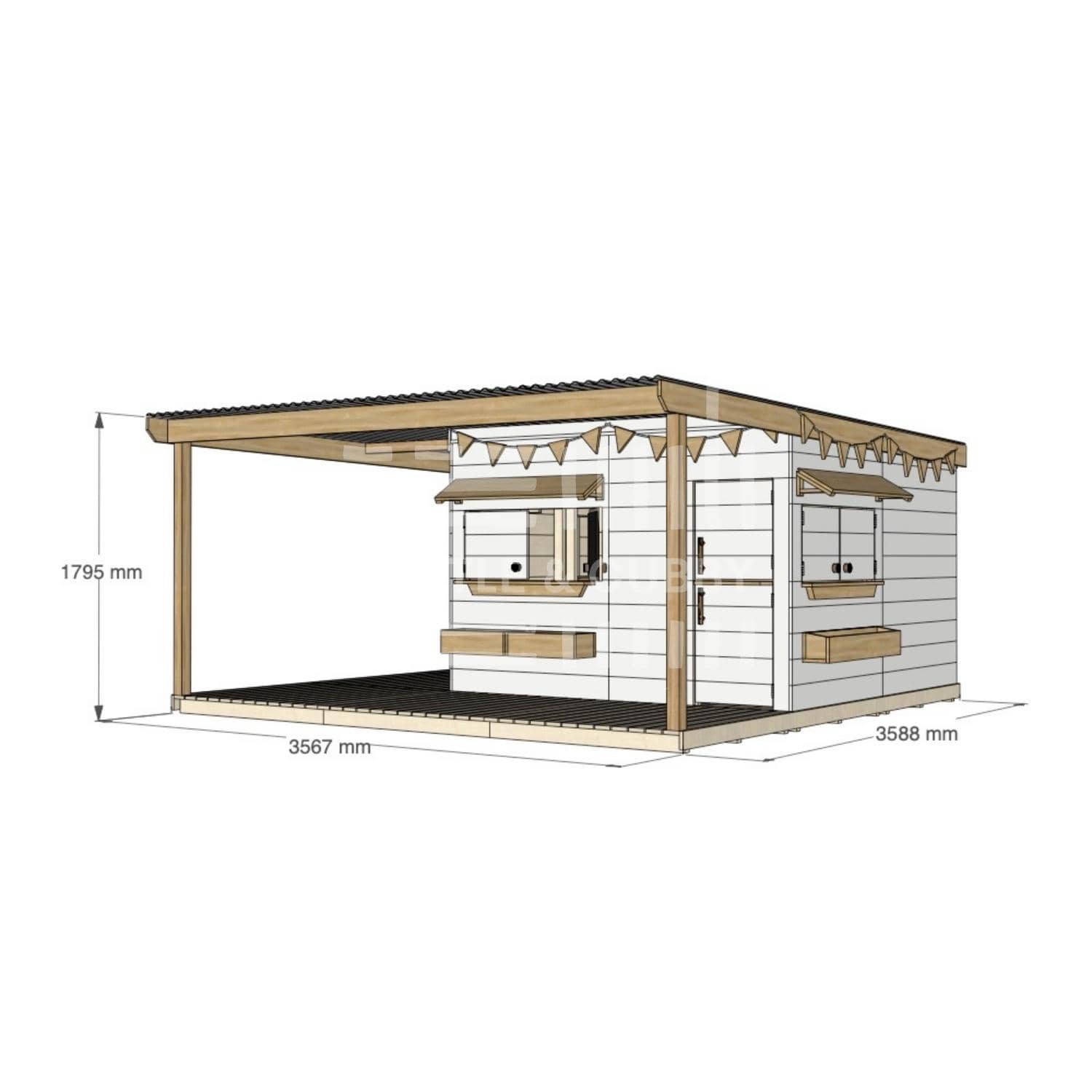 Painted pine cubby house with wraparound verandah for residential backyards large square size with dimensions