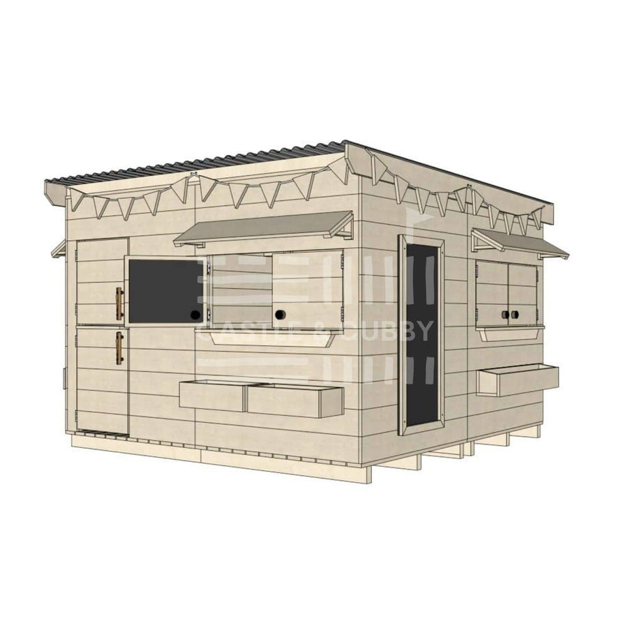Flat roof raw wooden cubby house family backyard large square size with accessories