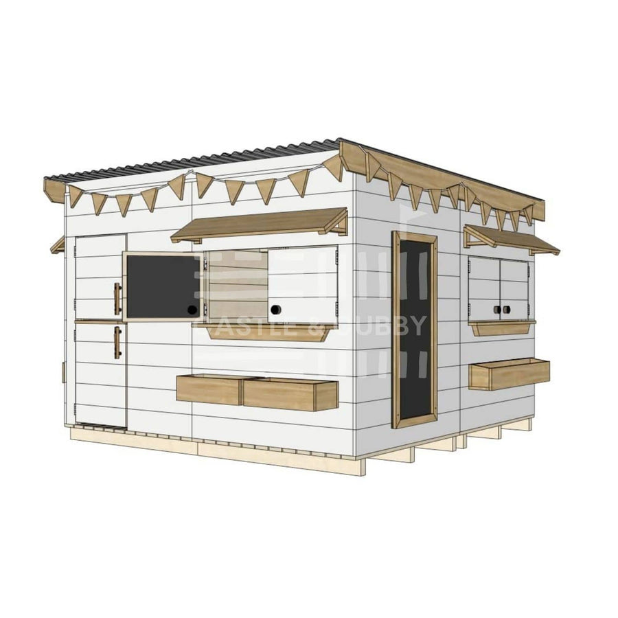 Flat roof painted wooden cubby house family backyard large square size with accessories