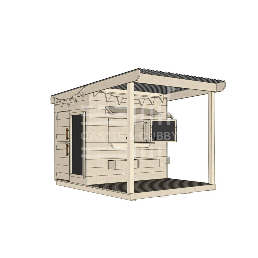 Raw wooden cubby house with front porch for residential and family homes little rectangle size with accessories
