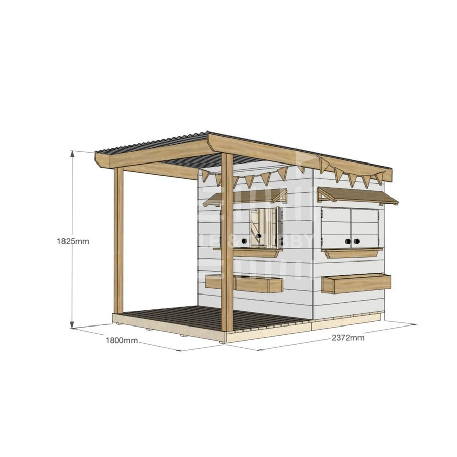 Painted pine cubby house with front verandah for residential backyards little rectangle size with dimensions