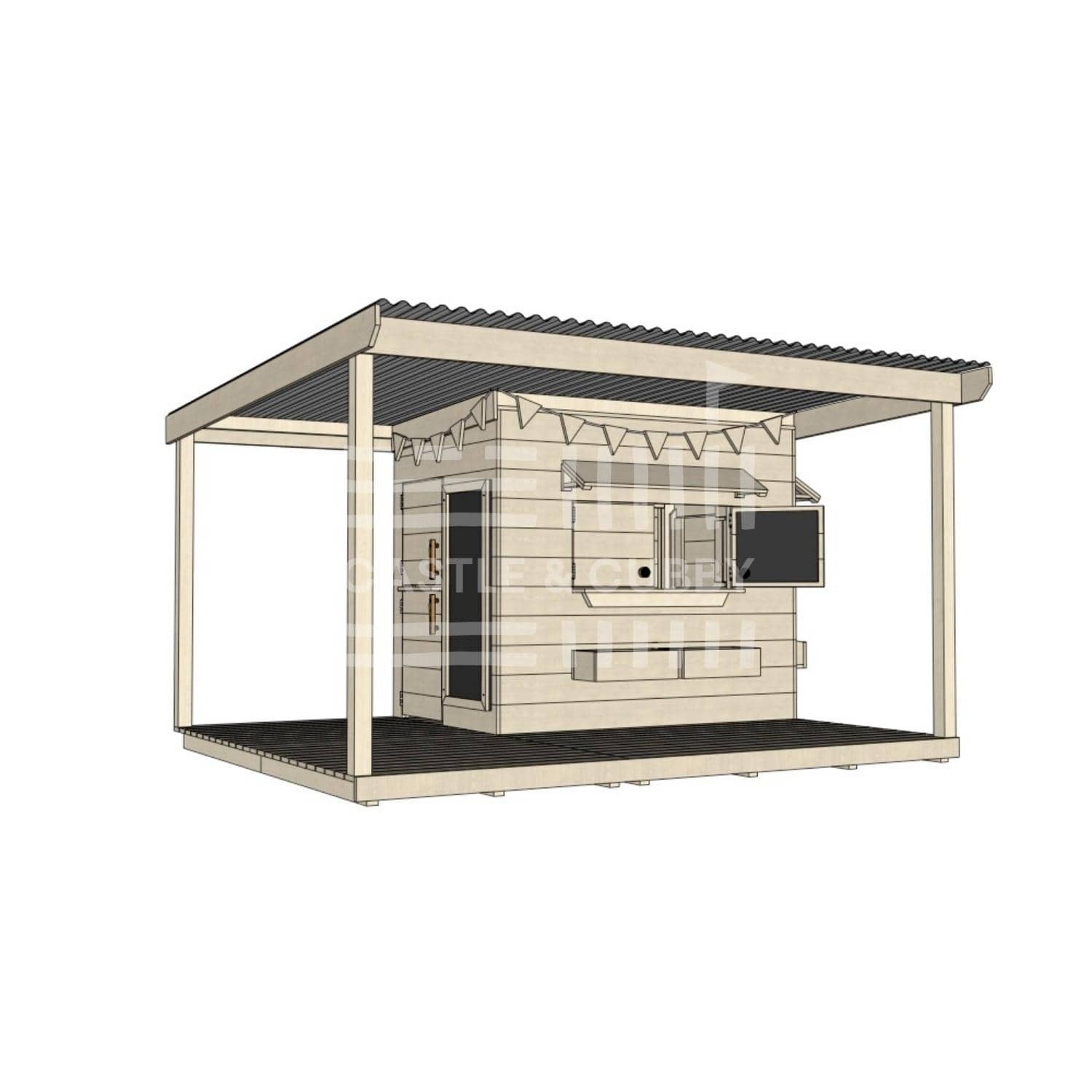 Raw wooden cubby house with wraparound porch for residential and family homes little rectangle size with accessories