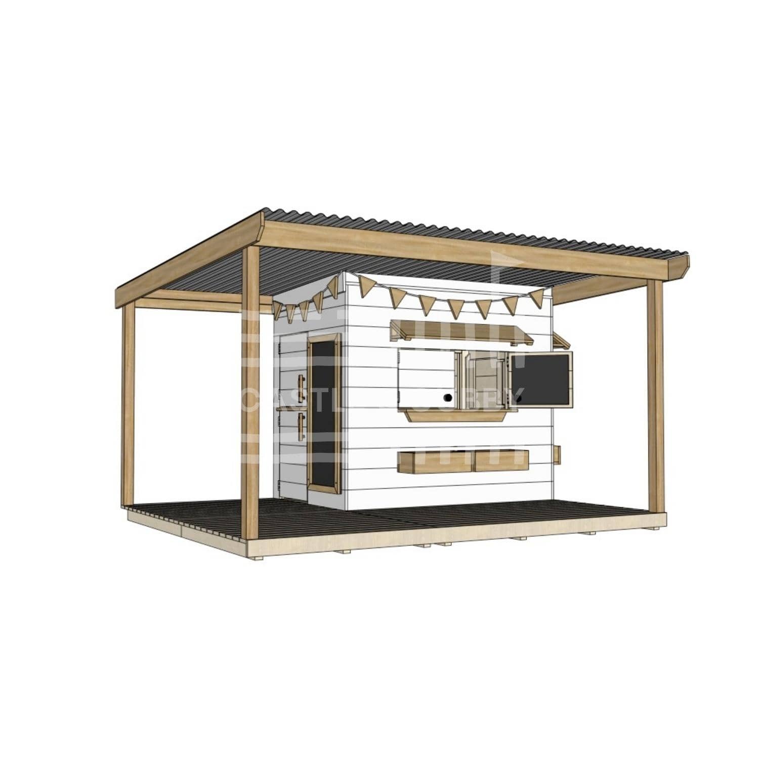 Painted wooden cubby house with wraparound porch for residential and family homes little rectangle size with accessories