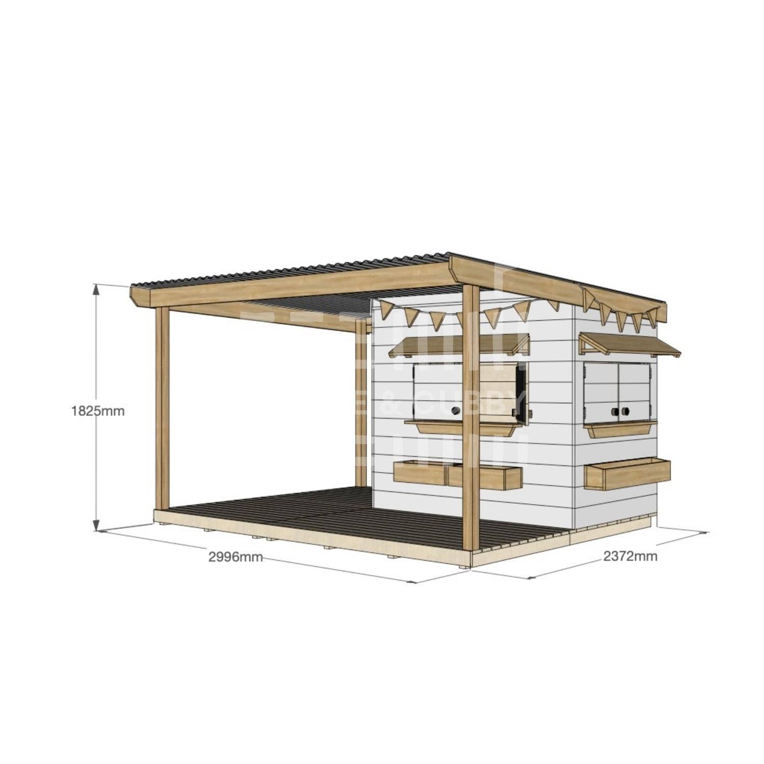 Painted pine cubby house with wraparound verandah for residential backyards little rectangle size with dimensions