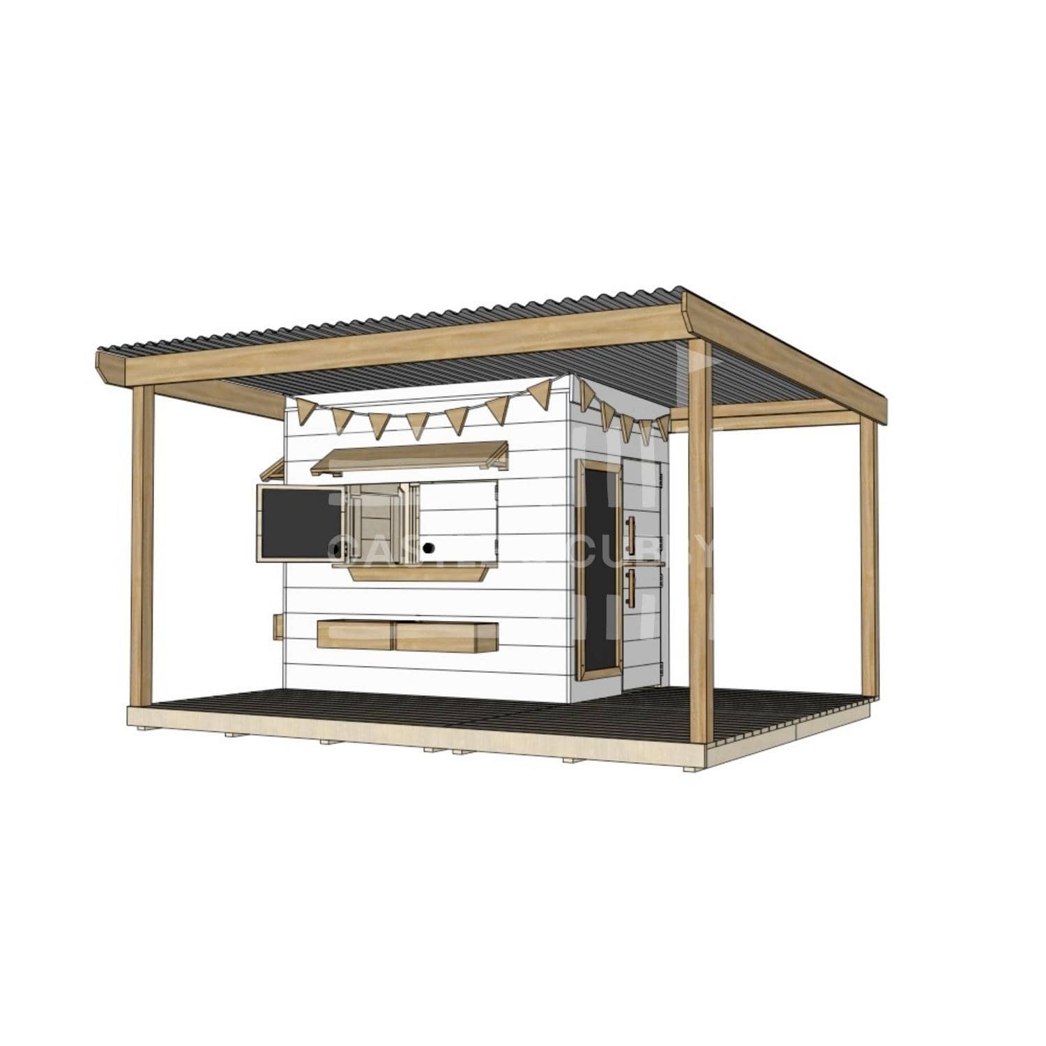Painted timber cubby house with wraparound verandah and deck for family gardens little rectangle size with accessories