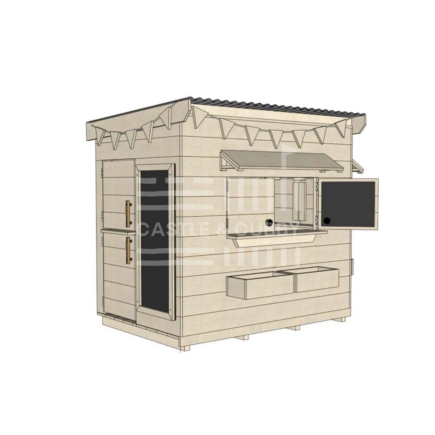 Flat roof raw wooden cubby house family backyard little rectangle size with accessories