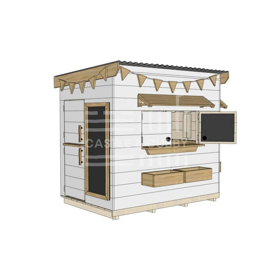 Flat roof painted wooden cubby house family backyard little rectangle size with accessories