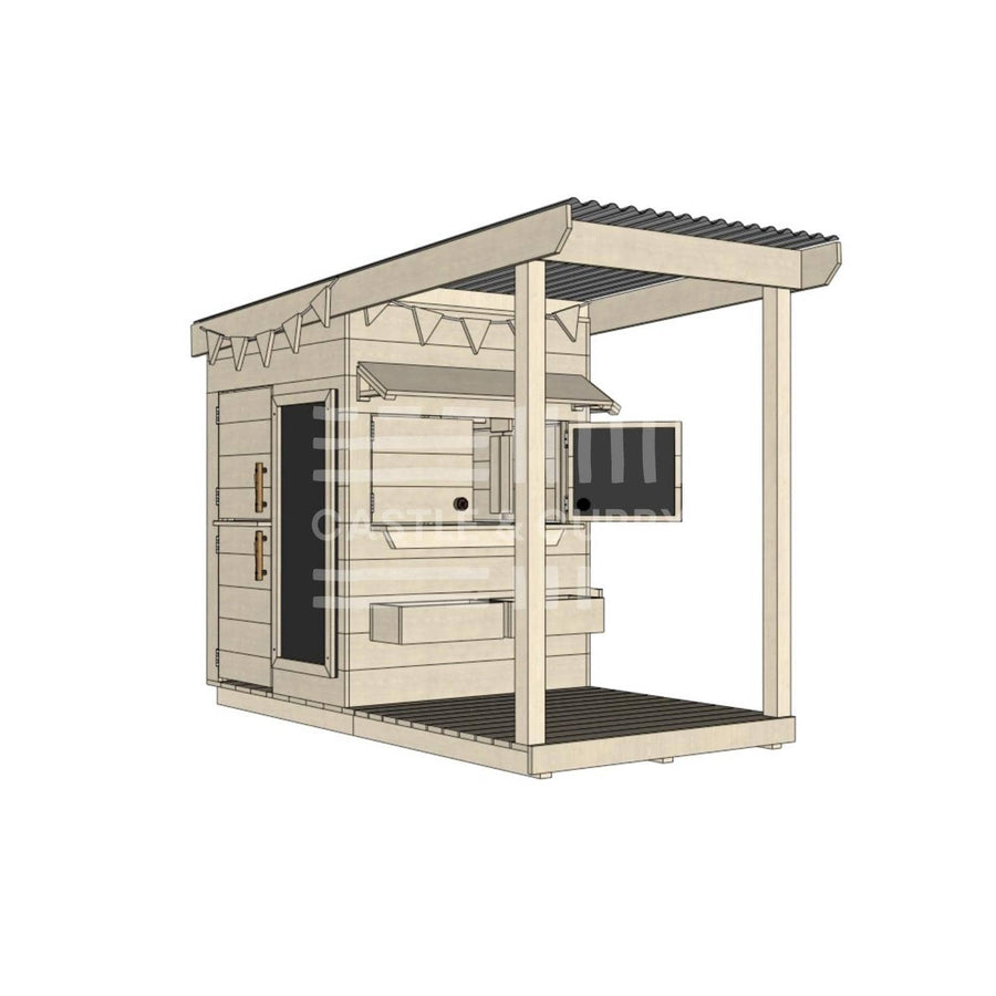 Raw wooden cubby house with front porch for residential and family homes little square size with accessories