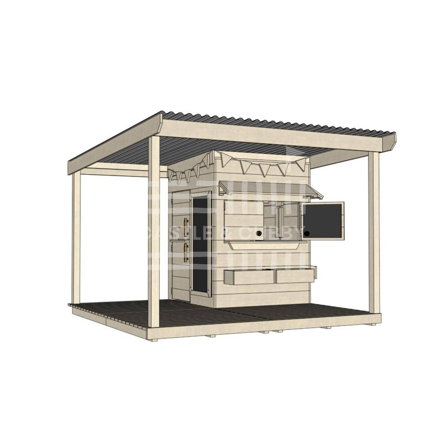 Raw wooden cubby house with wraparound porch for residential and family homes little square size with accessories