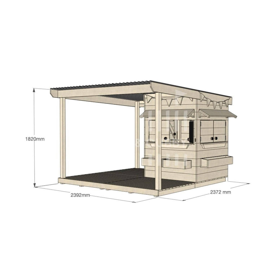 Raw pine cubby house with wraparound verandah for residential backyards little square size with dimensions