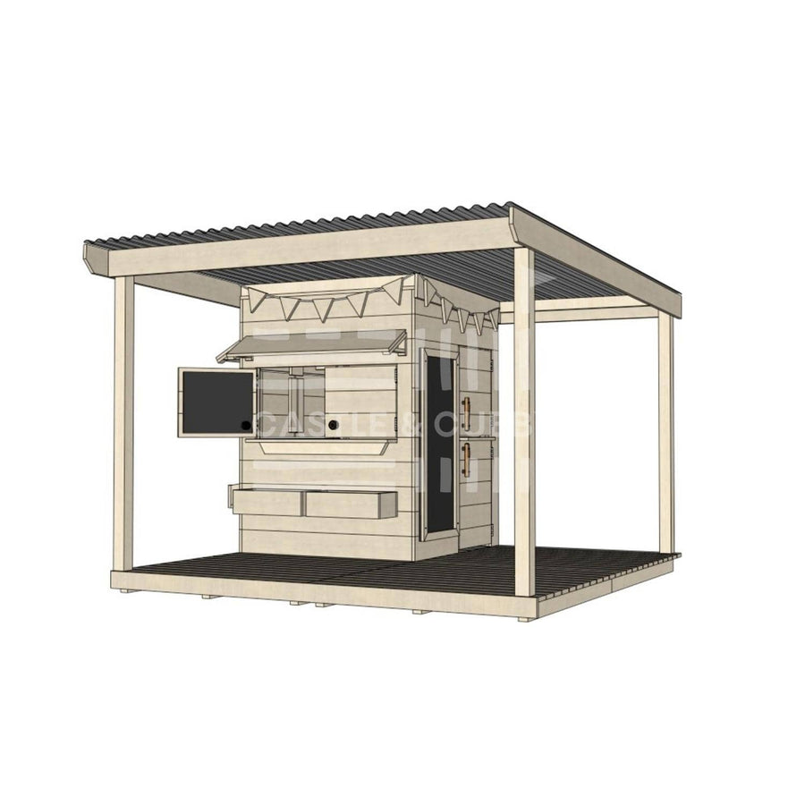 Pine timber cubby house with wraparound verandah and deck for family gardens little square size with accessories