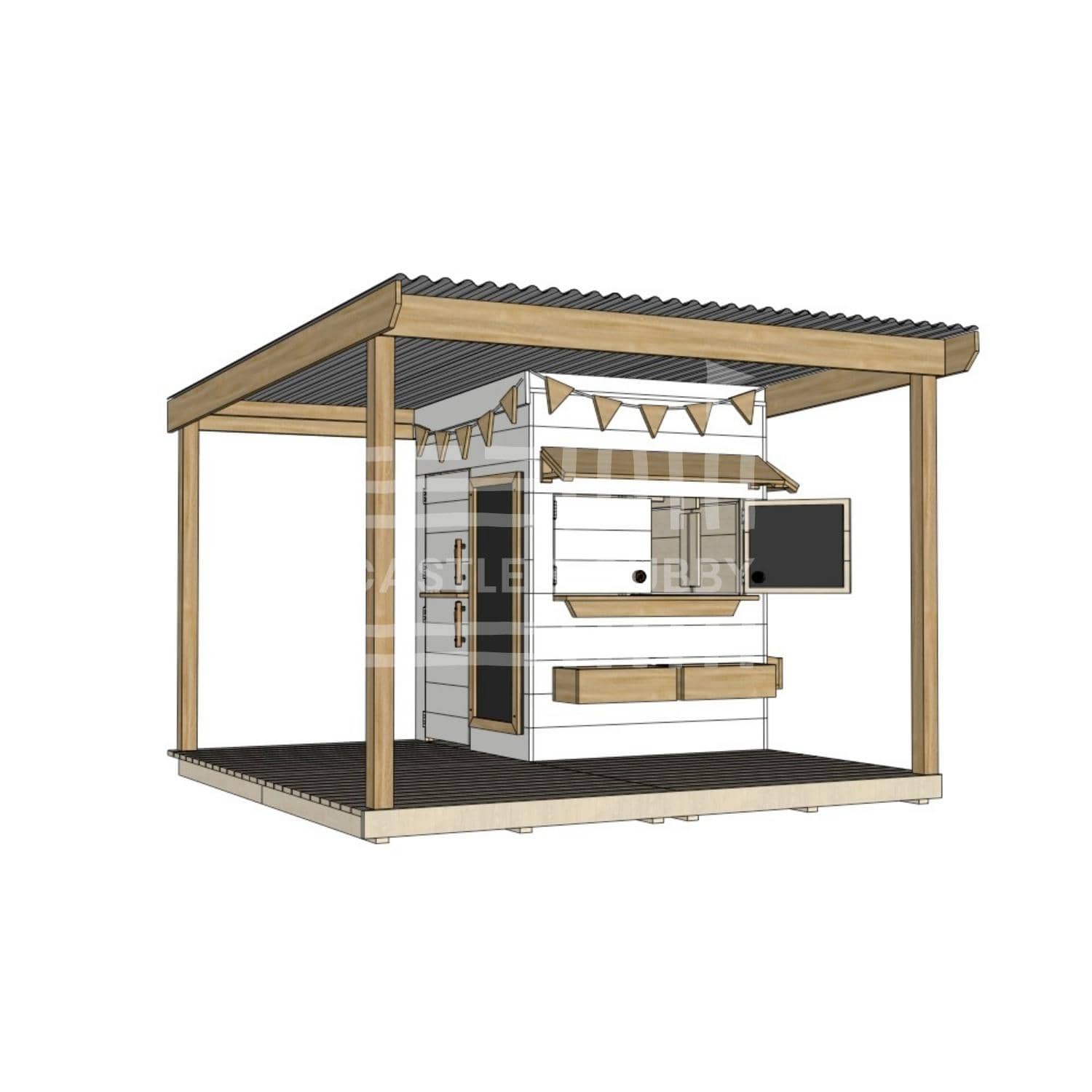 Painted wooden cubby house with wraparound porch for residential and family homes little square size with accessories