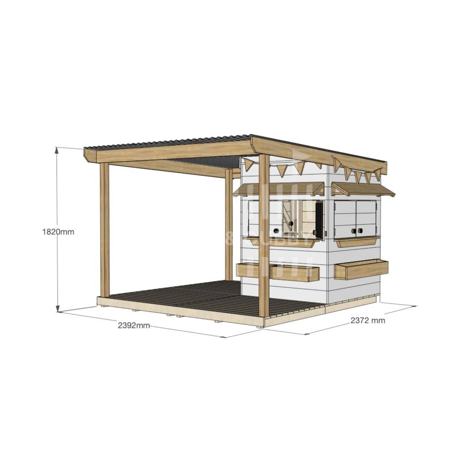 Painted pine cubby house with wraparound verandah for residential backyards little square size with dimensions