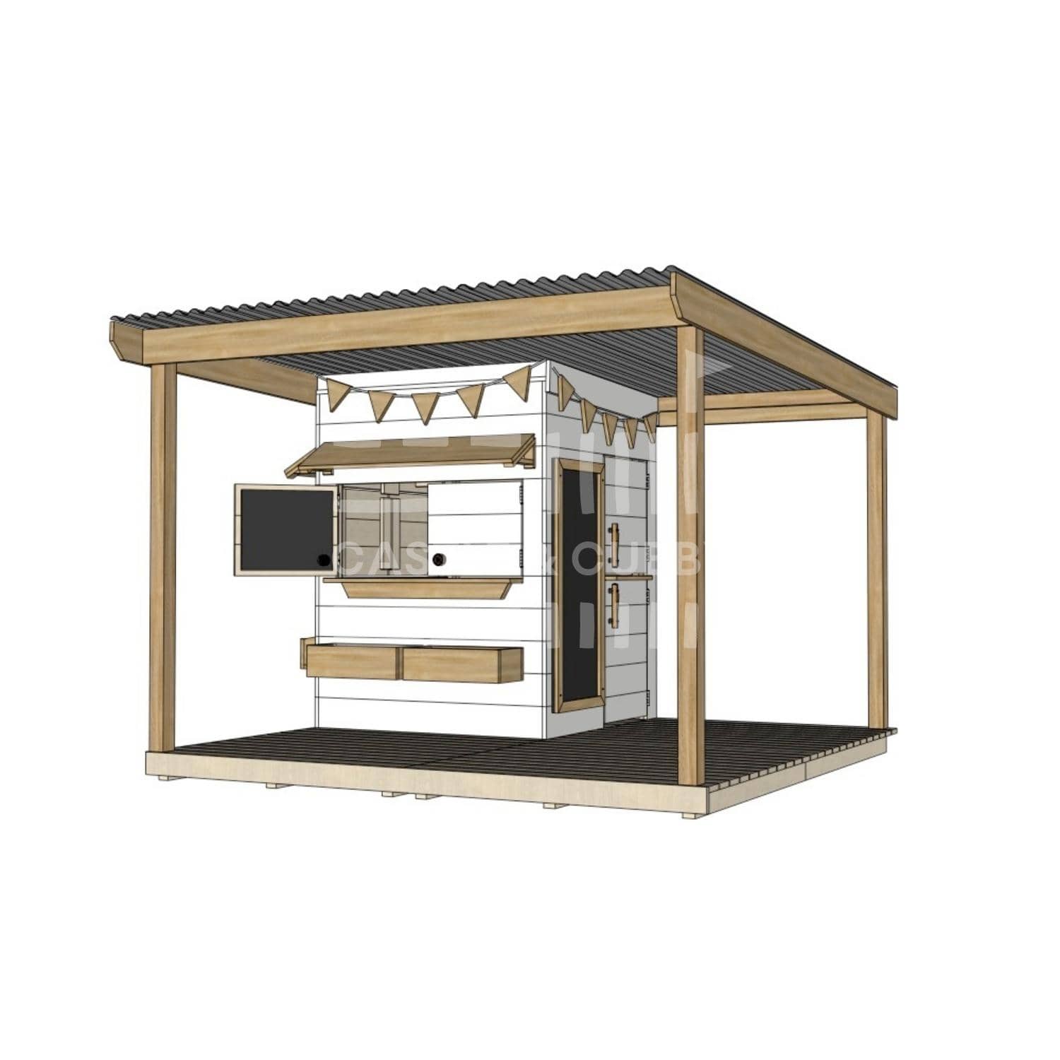Painted timber cubby house with wraparound verandah and deck for family gardens little square size with accessories