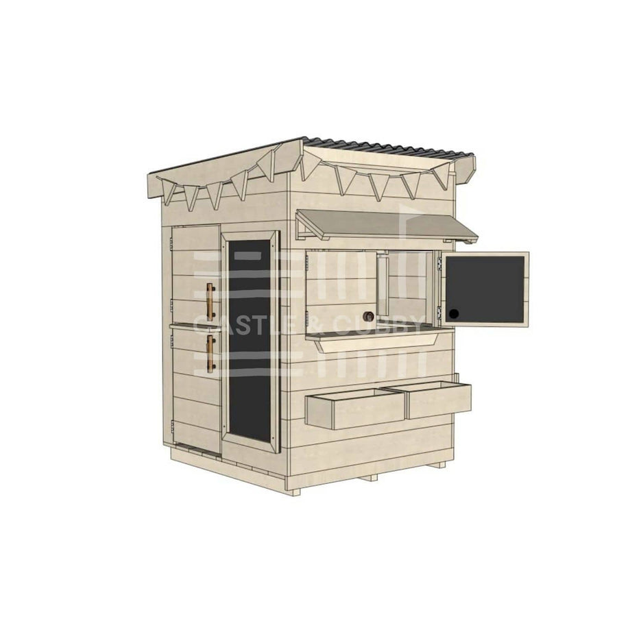 Flat roof raw wooden cubby house family backyard little square size with accessories