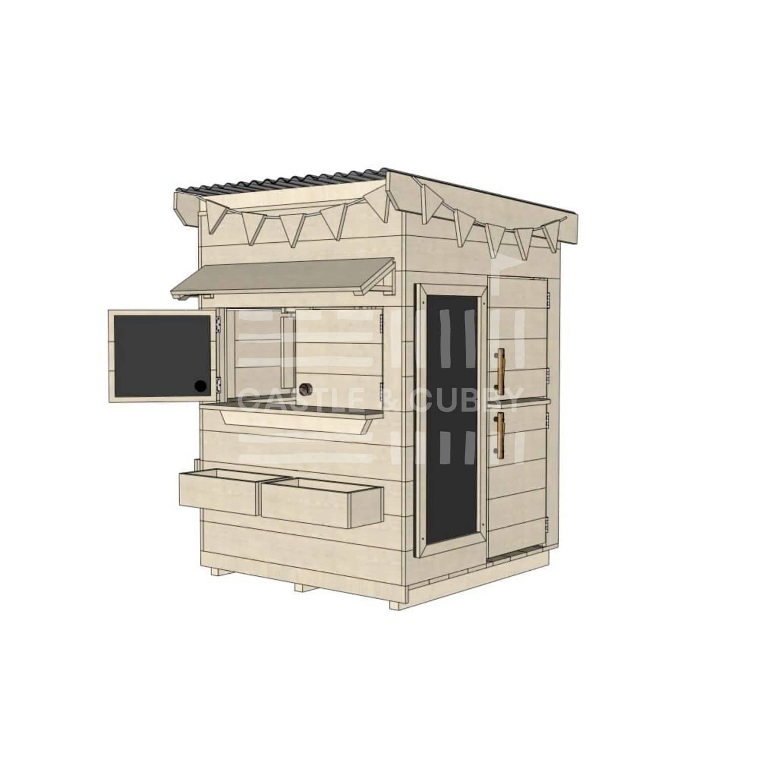 Flat roof raw pine timber cubby house domestic little square size with accessories