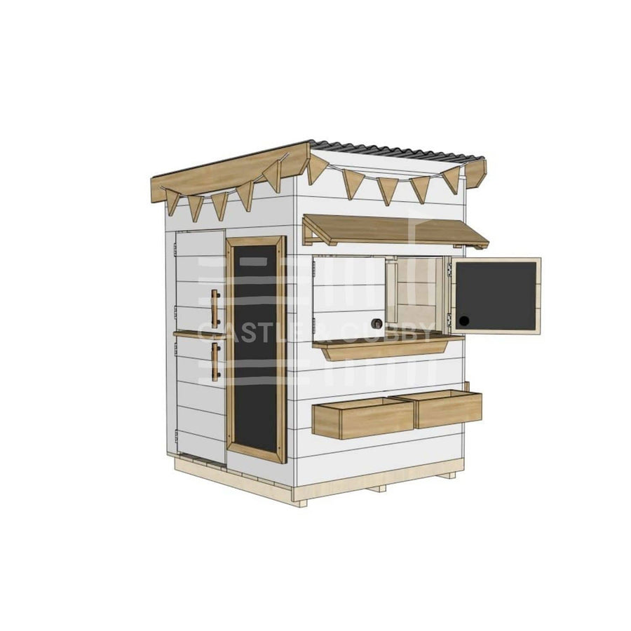 Flat roof painted wooden cubby house family backyard little square size with accessories