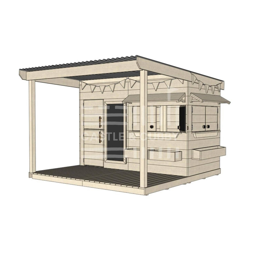 Raw wooden cubby house with front porch for residential and family homes midi rectangle size with accessories