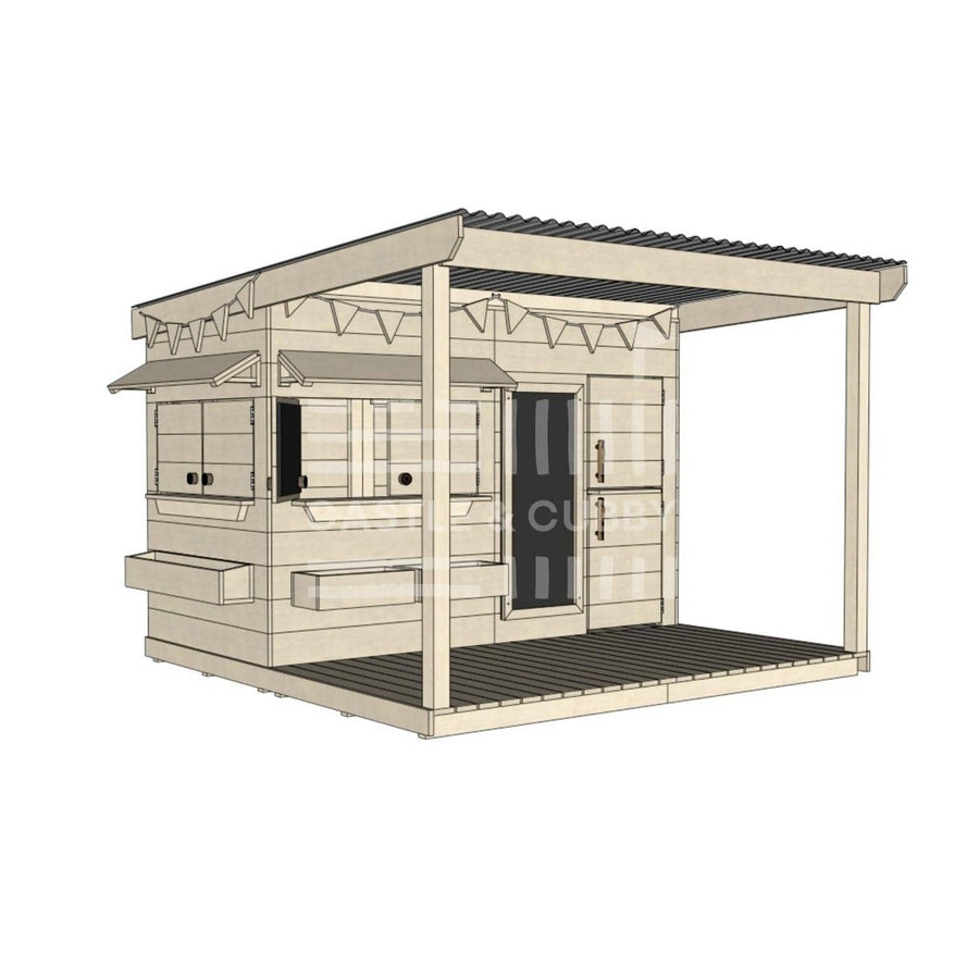 Pine timber cubby house with front verandah and deck for family gardens midi rectangle size with accessories