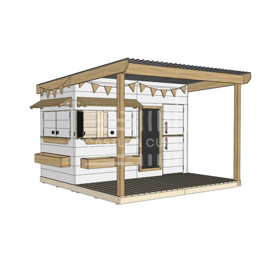 Painted timber cubby house with front verandah and deck for family gardens midi rectangle size with accessories