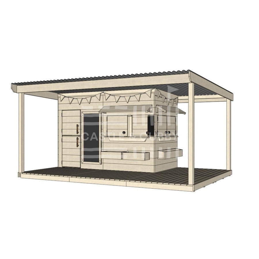 Raw wooden cubby house with wraparound porch for residential and family homes midi rectangle size with accessories