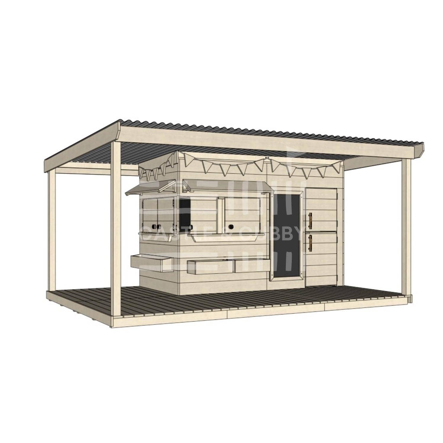 Pine timber cubby house with wraparound verandah and deck for family gardens midi rectangle size with accessories