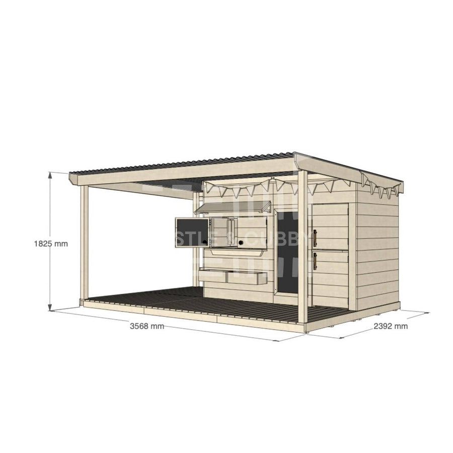 Raw pine cubby house with wraparound verandah for residential backyards midi rectangle size with dimensions