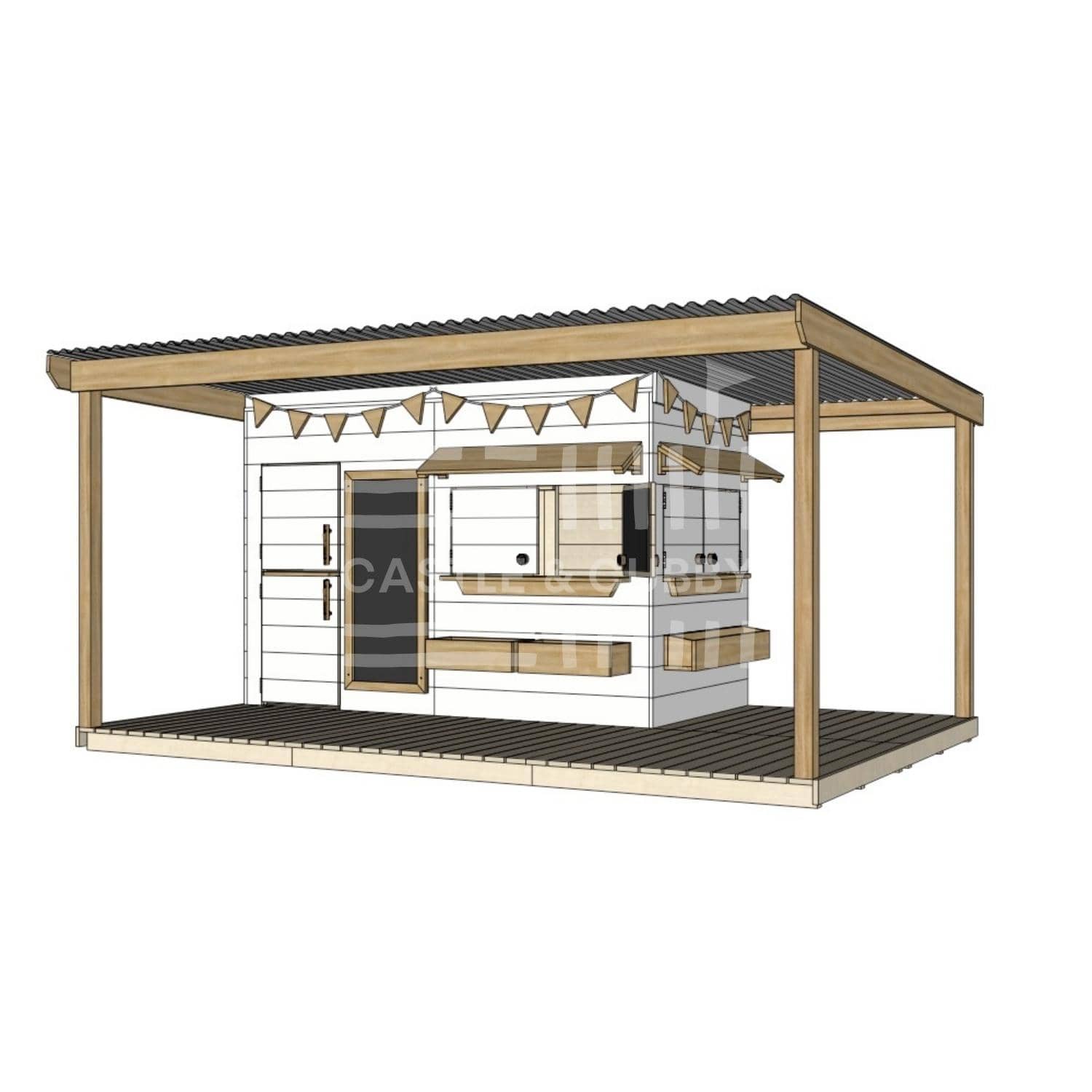 Painted wooden cubby house with wraparound porch for residential and family homes midi rectangle size with accessories