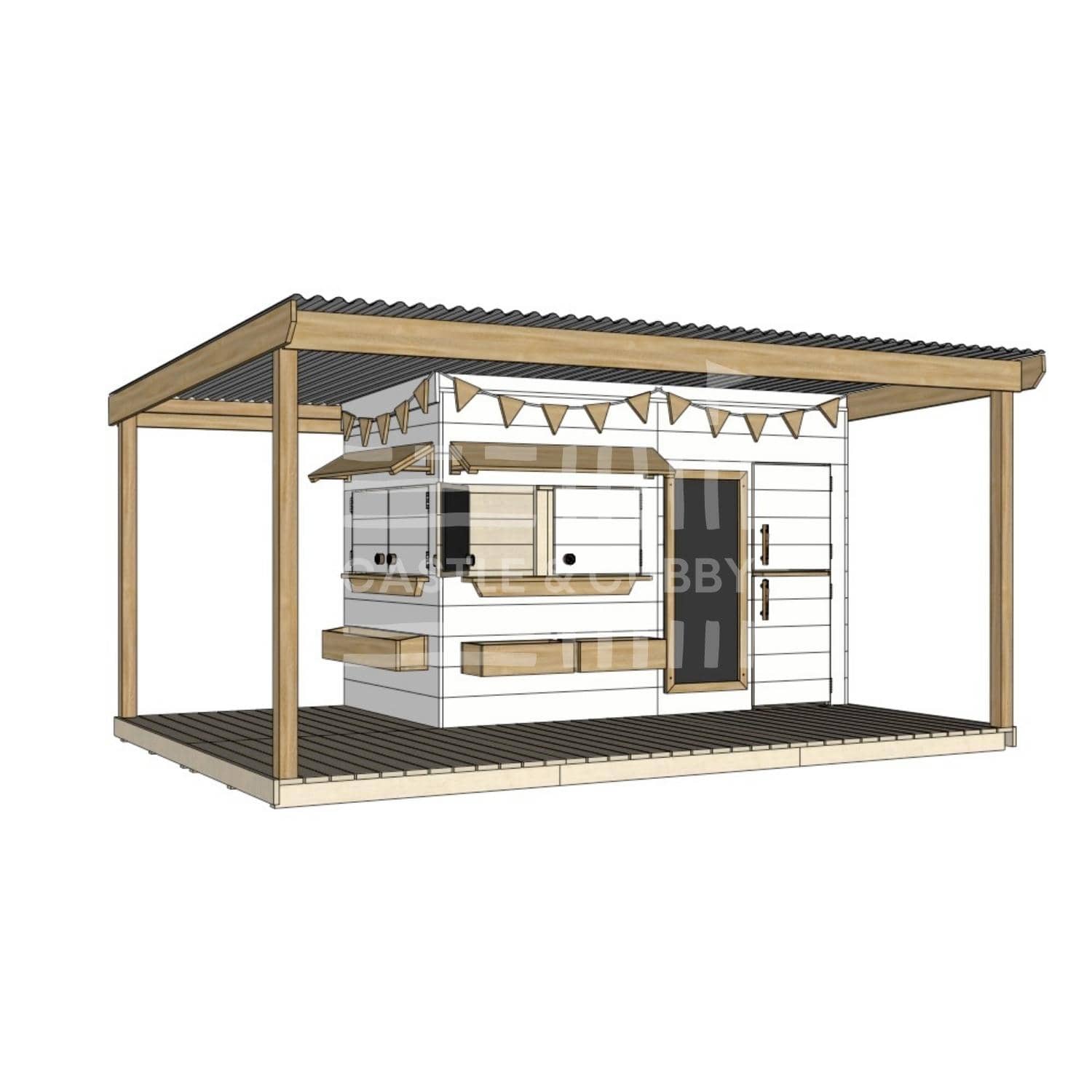 Painted timber cubby house with wraparound verandah and deck for family gardens midi rectangle size with accessories