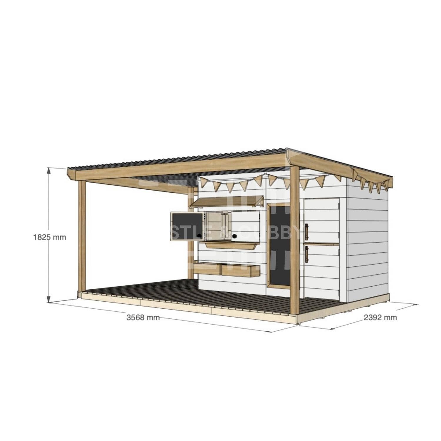 Painted pine cubby house with wraparound verandah for residential backyards midi rectangle size with dimensions