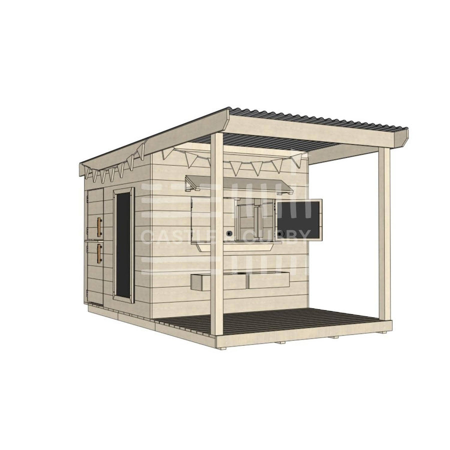 Raw wooden cubby house with front porch for residential and family homes midi square size with accessories