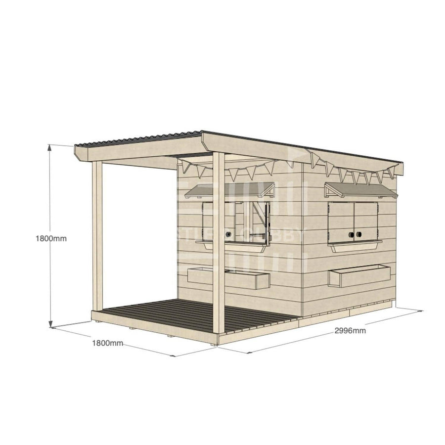 Raw pine cubby house with front verandah for residential backyards midi square size with dimensions