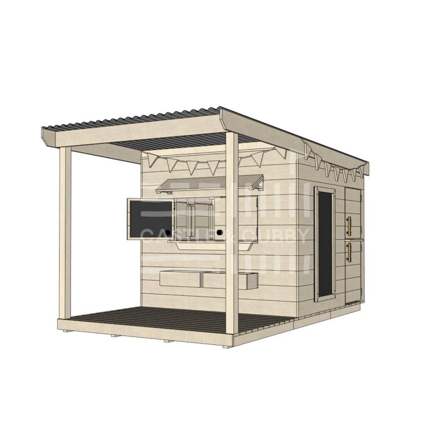 Pine timber cubby house with front verandah and deck for family gardens midi square size with accessories