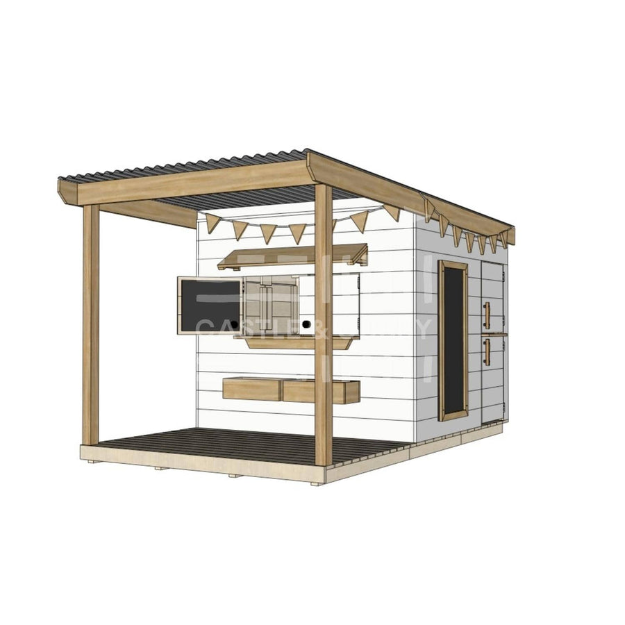 Painted timber cubby house with front verandah and deck for family gardens midi square size with accessories