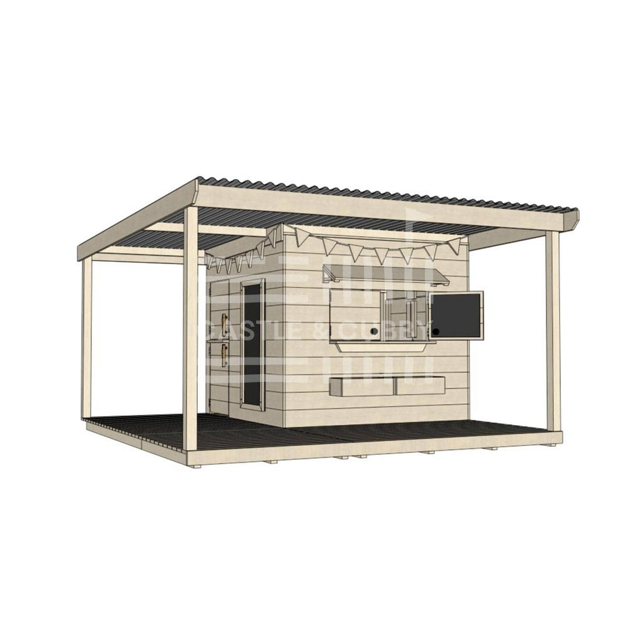 Raw wooden cubby house with wraparound porch for residential and family homes midi square size with accessories