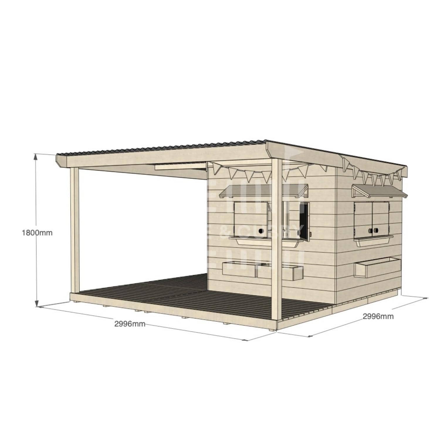 Raw pine cubby house with wraparound verandah for residential backyards midi square size with dimensions