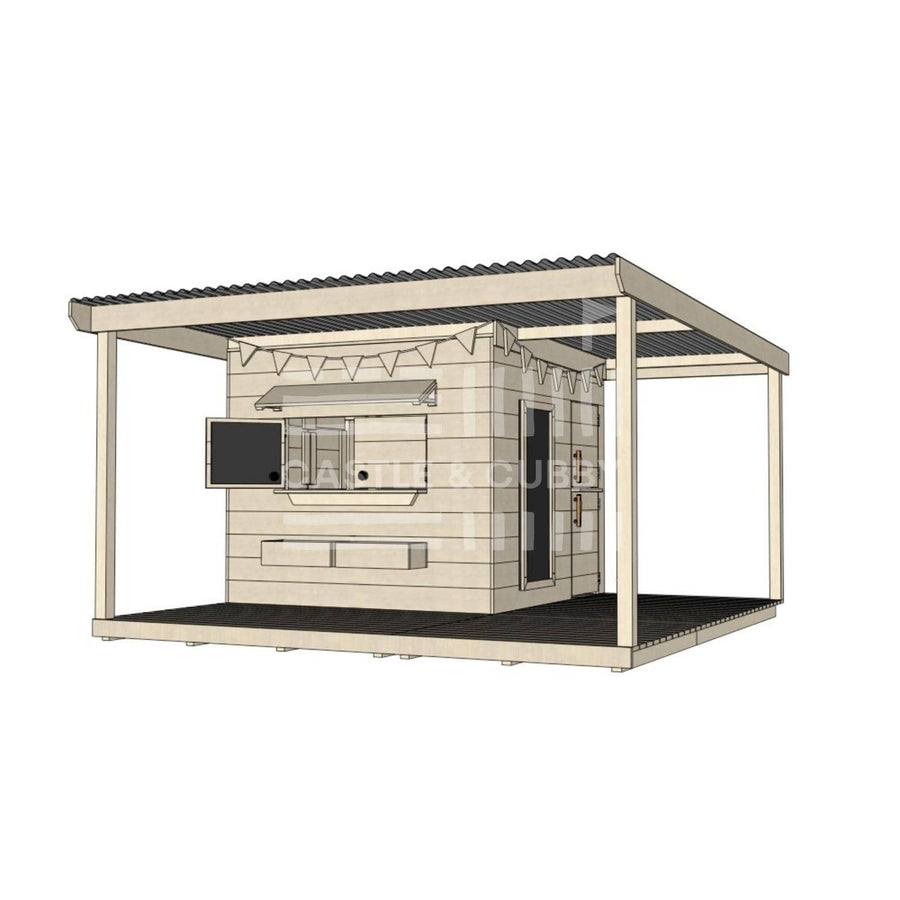 Pine timber cubby house with wraparound verandah and deck for family gardens midi square size with accessories