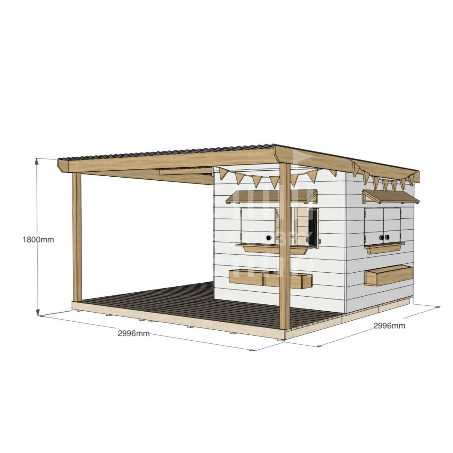 Painted pine cubby house with wraparound verandah for residential backyards midi square size with dimensions