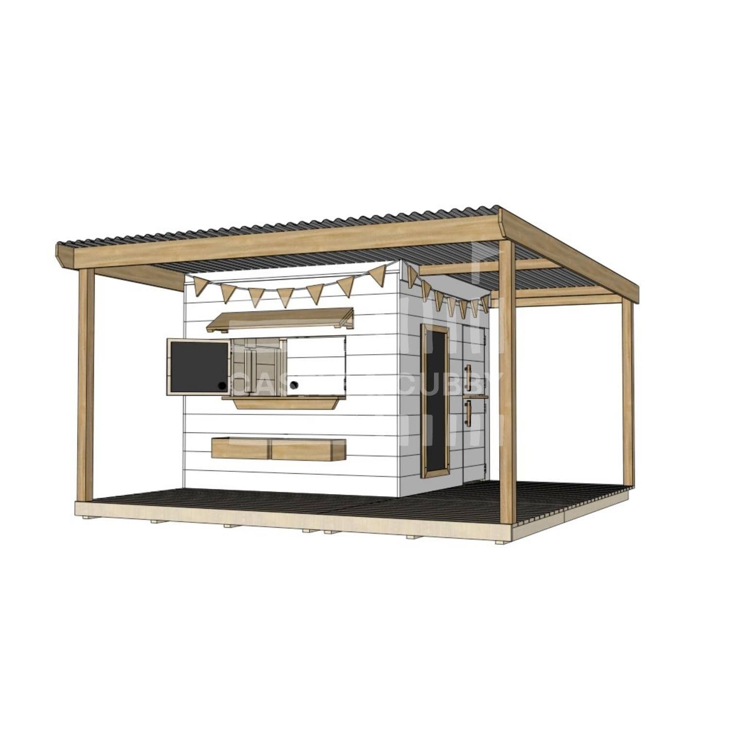 Painted timber cubby house with wraparound verandah and deck for family gardens midi square size with accessories