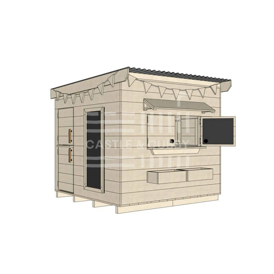 Flat roof raw wooden cubby house family backyard midi square size with accessories