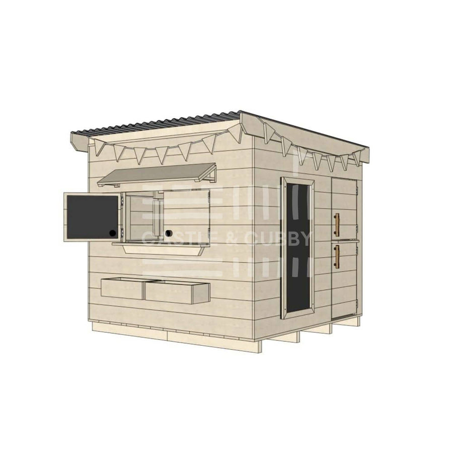 Flat roof raw pine timber cubby house domestic midi square size with accessories