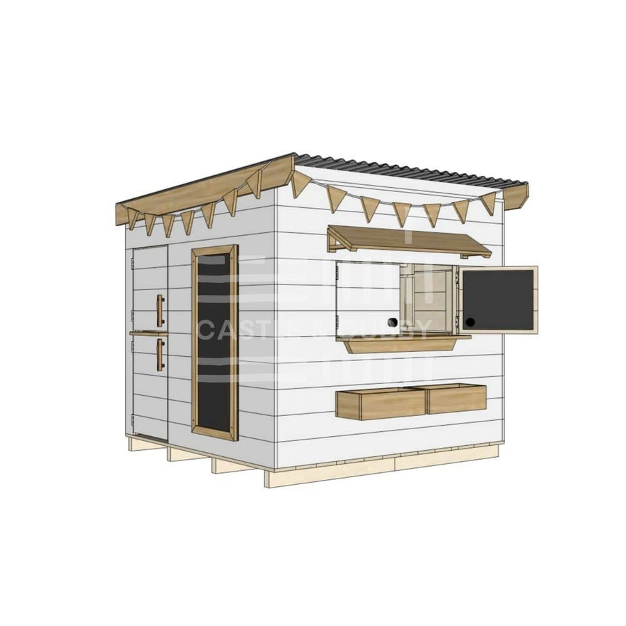 Flat roof painted wooden cubby house family backyard midi square size with accessories