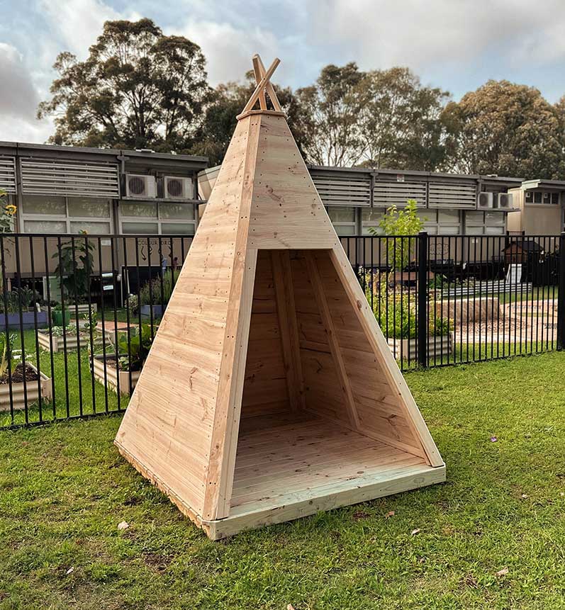 Wooden Teepee Cubby Houses made in Australia for Primary Schools and Early learning Centres. 
